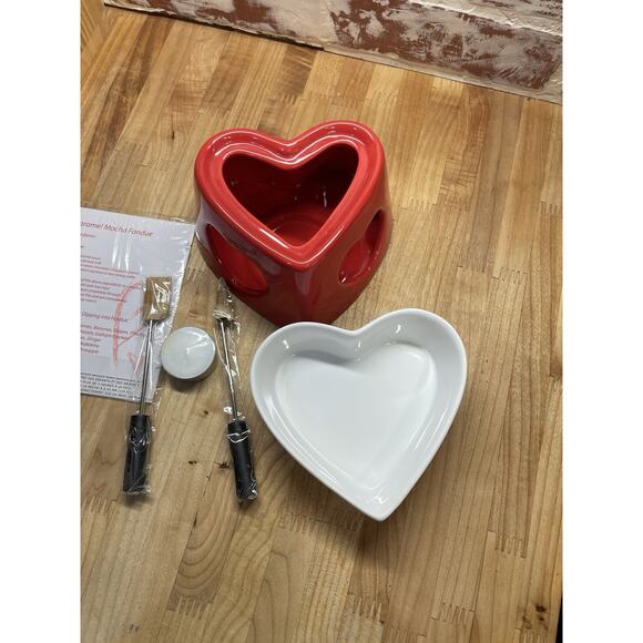 Avon Red Heart Tea Light Fondue Set For Two Valentines Anniversary New In Box - Picture 2 of 6